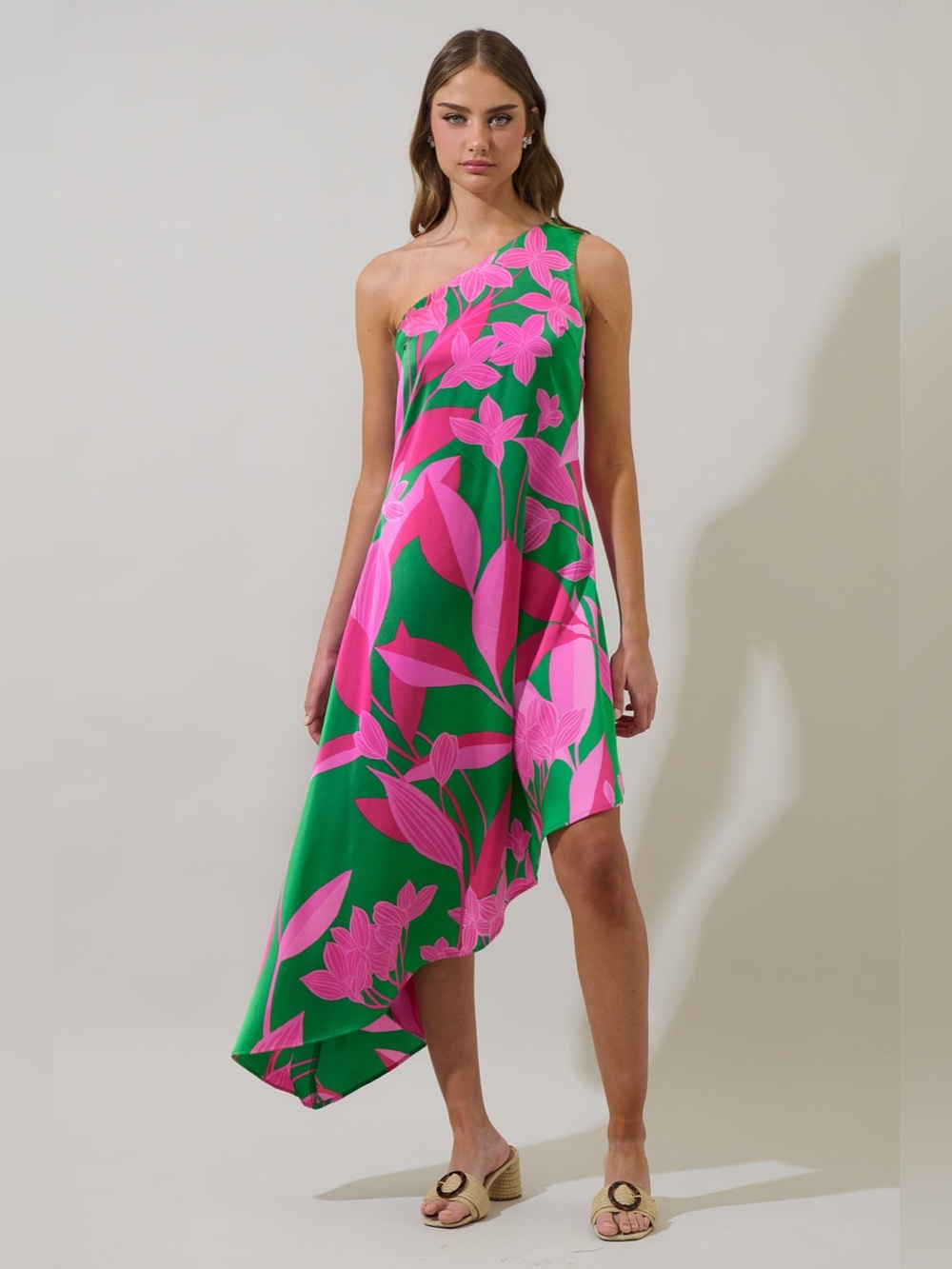 Sugarlips Pink & Green One-Shoulder Floral Dress